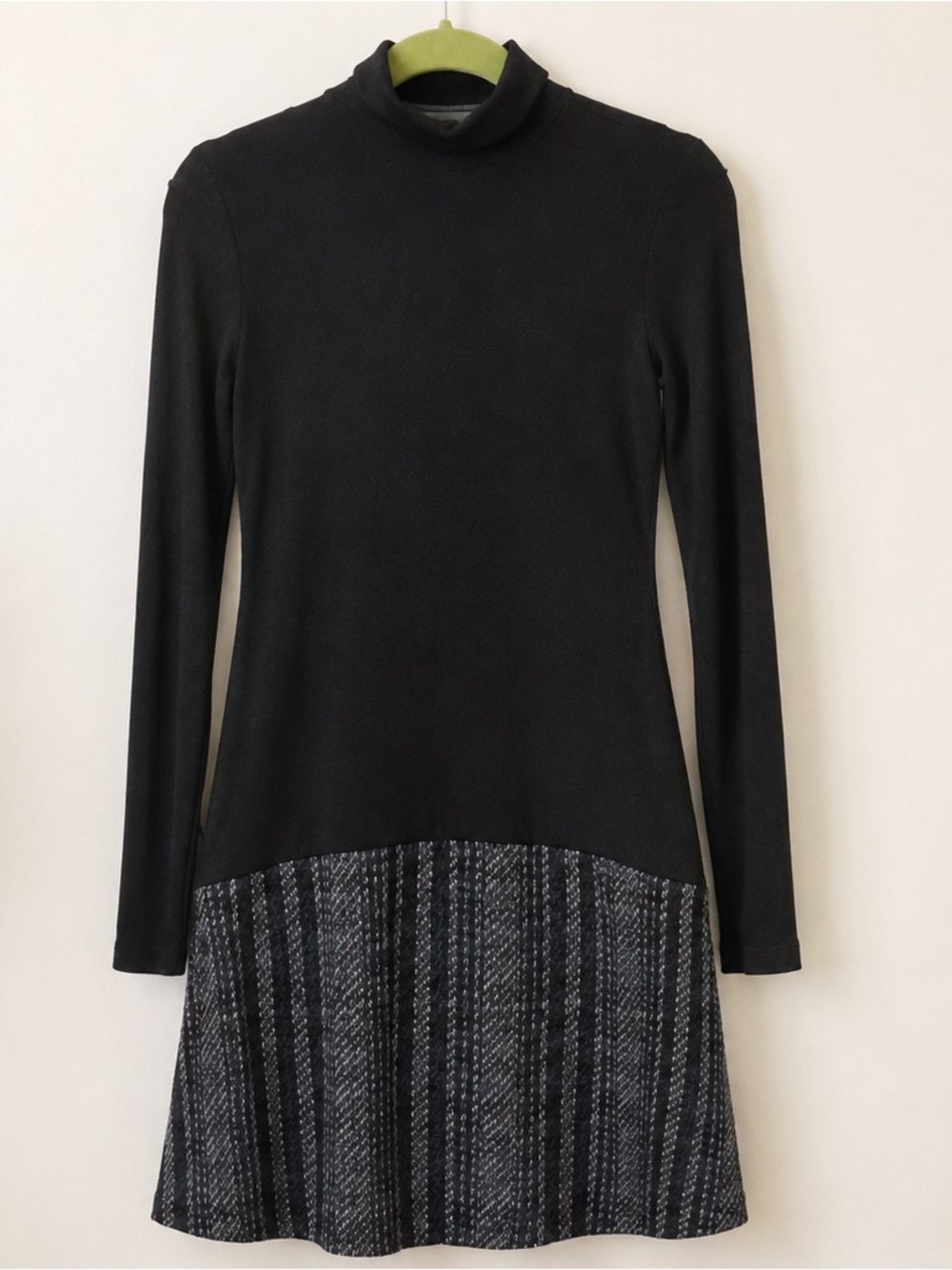 Theory Black Long-Sleeve Mock Neck Dress with Patterned Hem